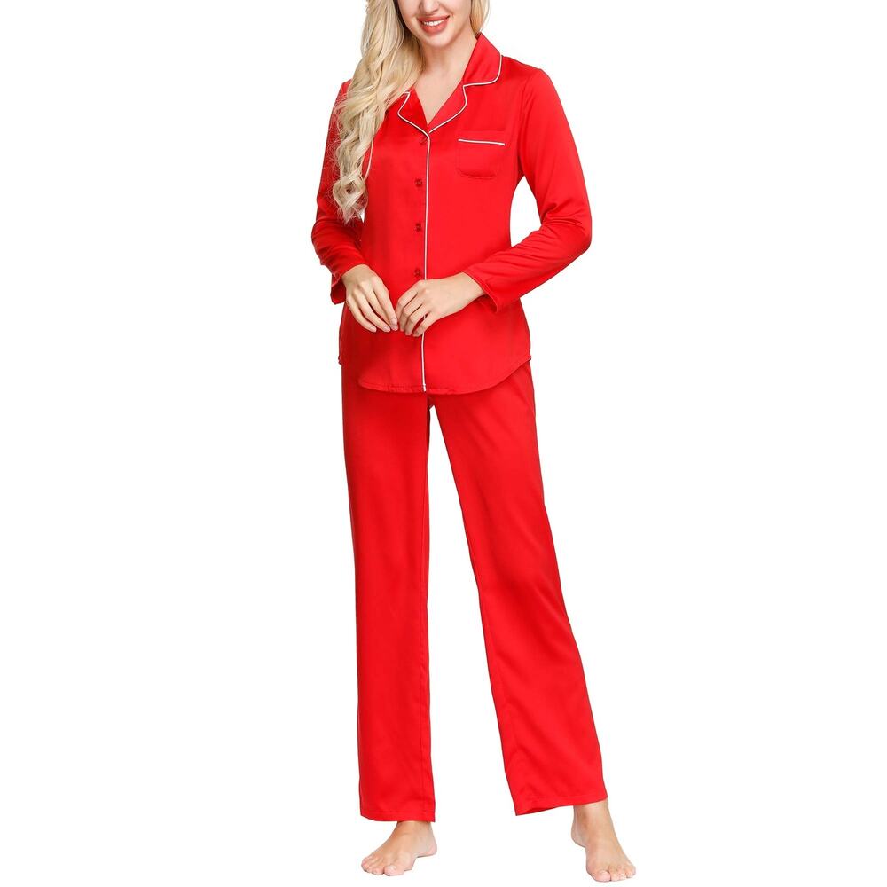 INK+IVY Women Satin Long Sleeve Button Top & Trouser Pajama Set Red Size L